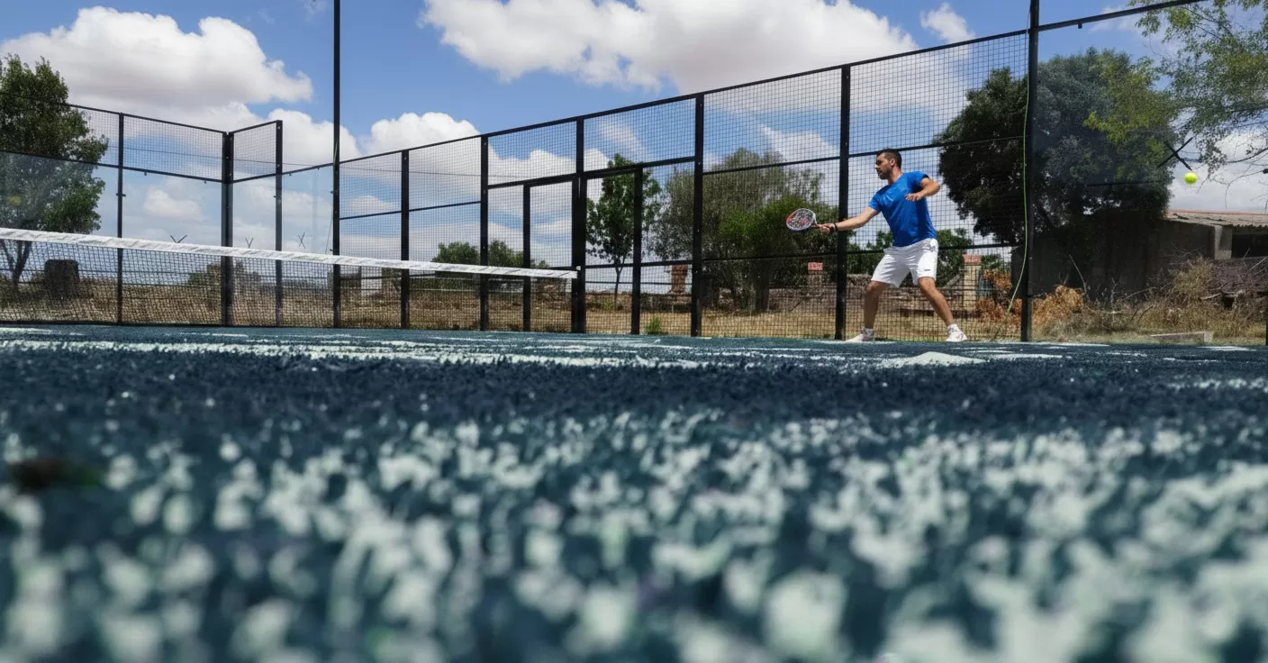 Man playing padel on an outdoor court surrounded by trees