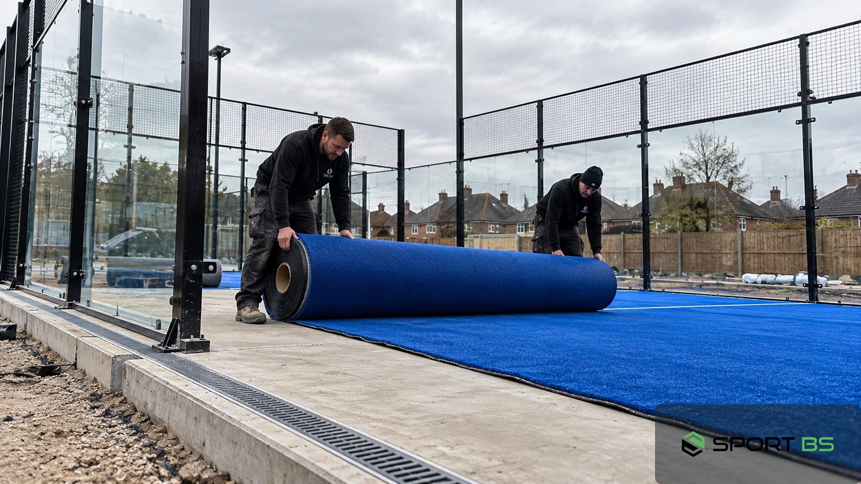 Outdoor padel court surface laid over a concrete base with drainage in the UK.