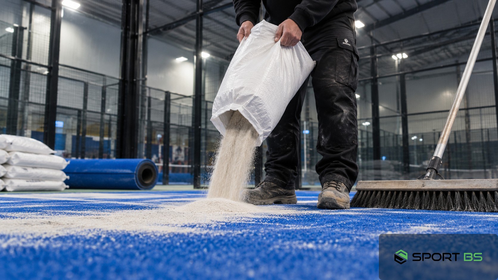 Padel court artificial turf with silica sand infill being brushed after installation.