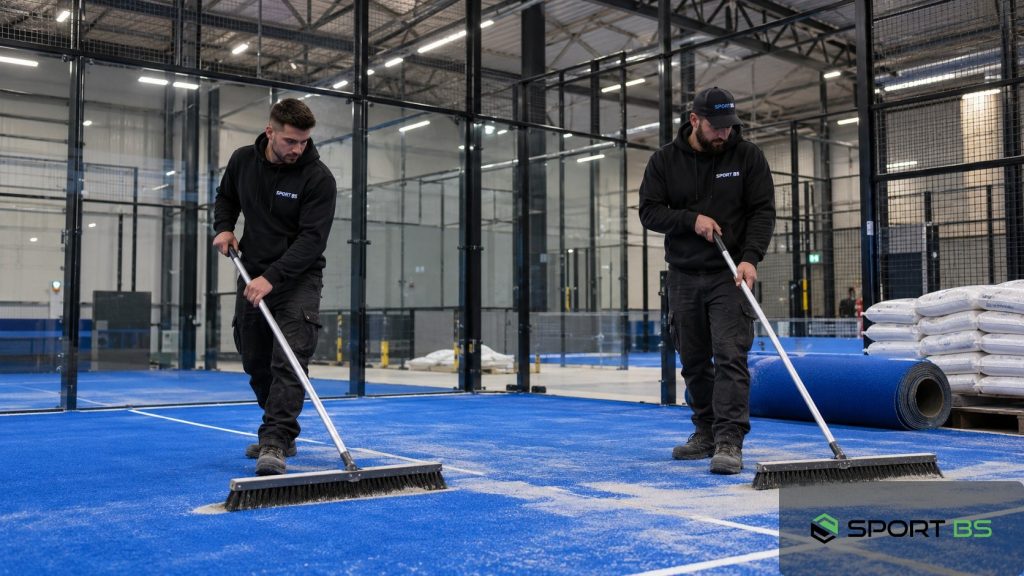 Padel court surface types, SportBS installers brushing silica sand into blue artificial turf on an indoor court.